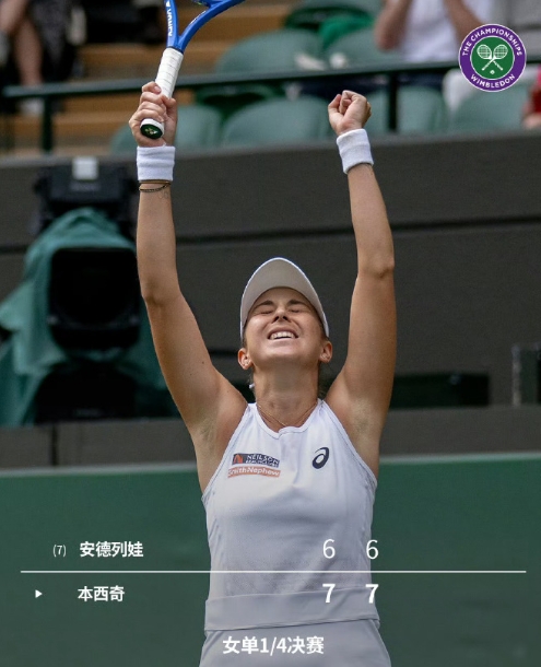 本西奇晋级温网四强。
温网2025女单1/4决赛，奥运会冠军，本西奇以7-6(3
