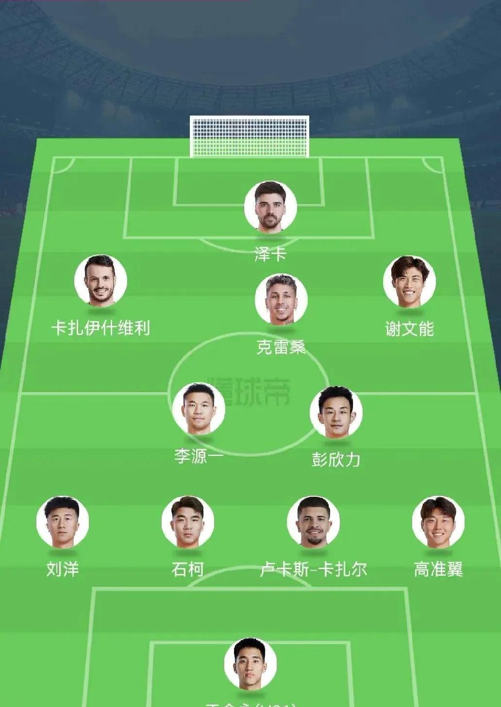 中超第四轮，山东泰山客场对阵天津津门虎，主教练崔康熙派出的首发阵容大致如下：
门