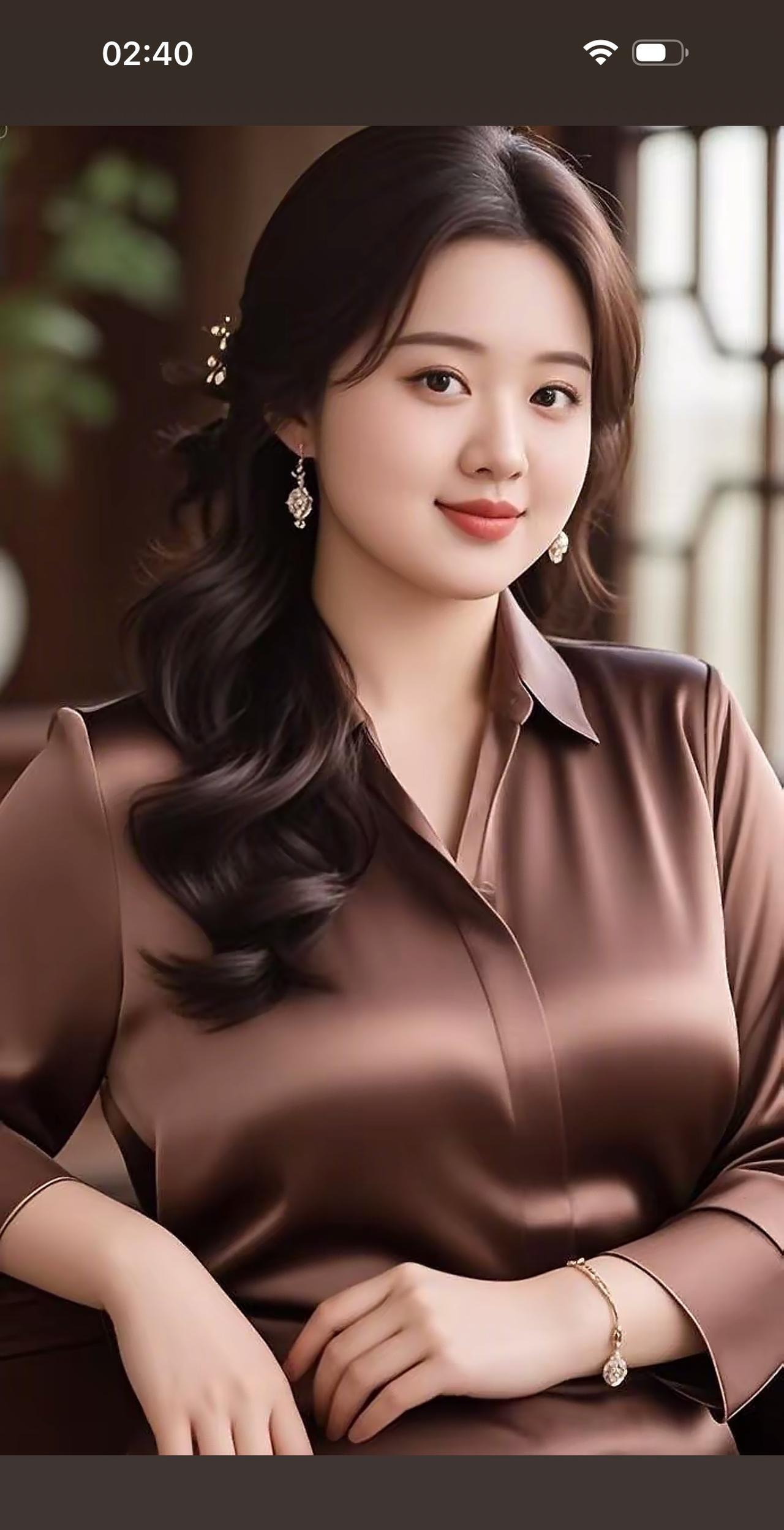 七律·衣装与气质
一袭棕衫韵自彰，柔光缎面衬容芳。
青丝微绾添娇俏，素手轻叠绽雅