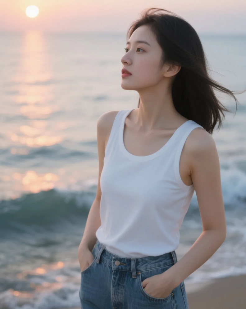 海风轻拂发梢，清纯女孩在日出时刻的静谧剪影