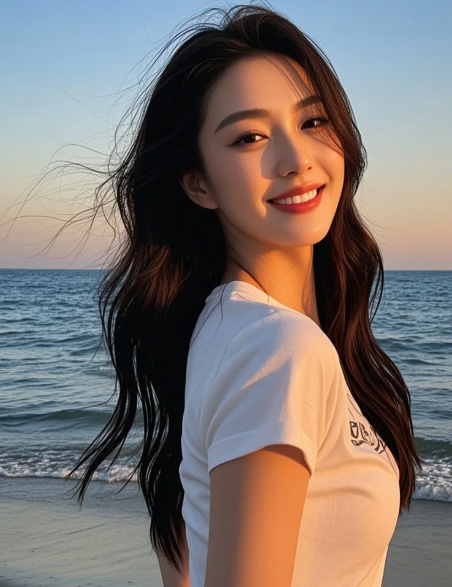 夕阳把她的影子投在沙滩上，发丝部分像蔓延的藤蔓