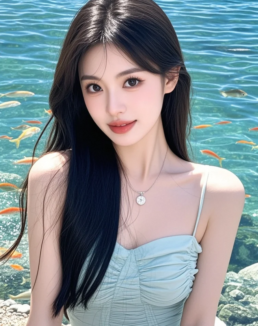 阳光下的湖畔倩影，她与鱼儿共舞，心随波光荡漾
