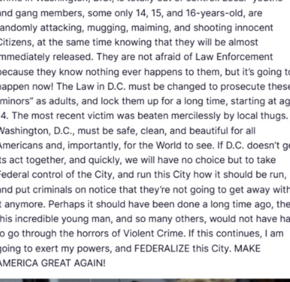 美国青少年犯罪猖獗，特朗普终于出重拳整治了。
特朗普发表推文说：华盛顿特区的犯罪