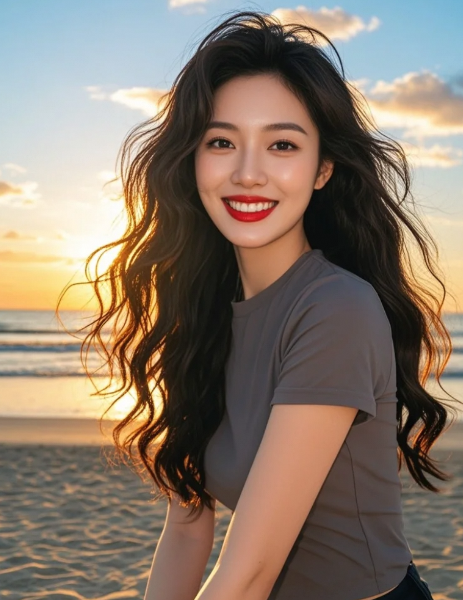 蓝天为证，她漫步沙滩，T恤简约却气场全开，是落日下最动人的星光风景