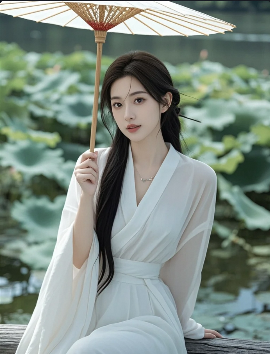 撑伞待在湖边的她，美得不像现实中的存在
