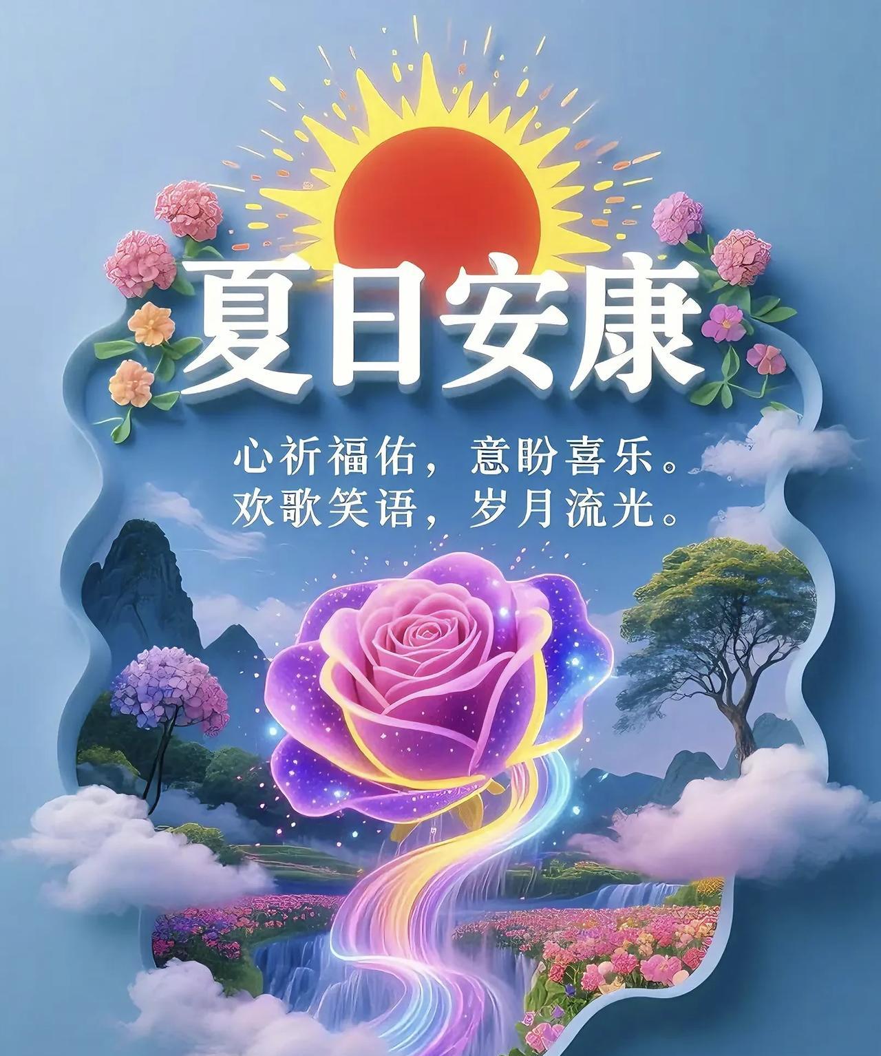 《夏日安康》
一祝清风常拂面，暑气全消散
二祝温水时时饮，润喉心不烦
三祝饮食多