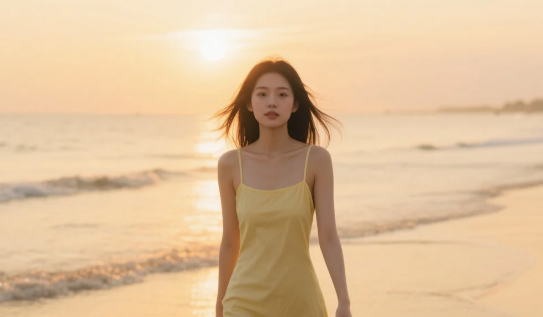 今天阳光真好，我穿着连衣裙在海滩散步，心情也变得格外轻松。