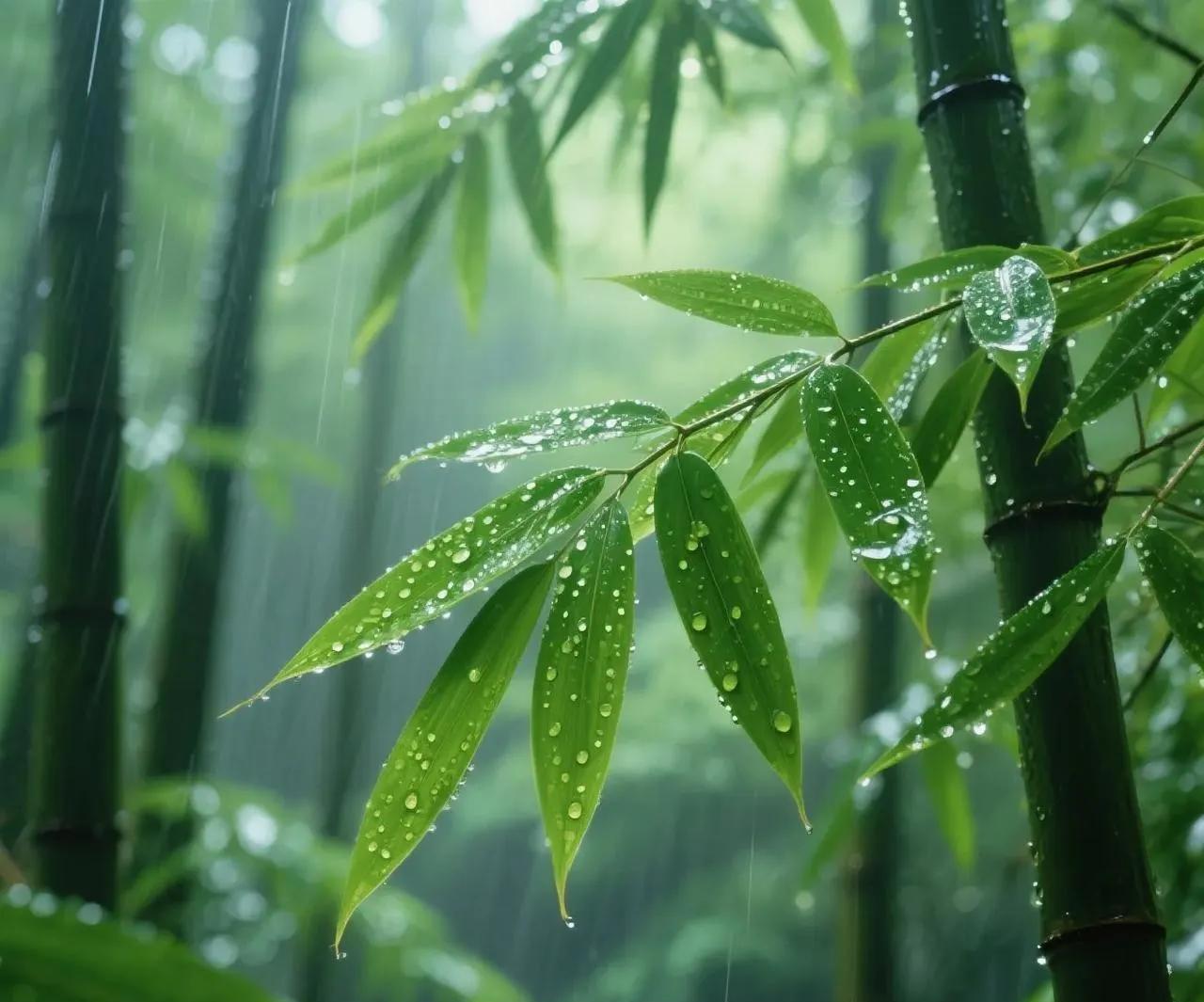 雨后的竹林，宛如被大自然精心擦拭过的绿色梦境。每一片竹叶都翠得欲滴，那晶莹的水珠