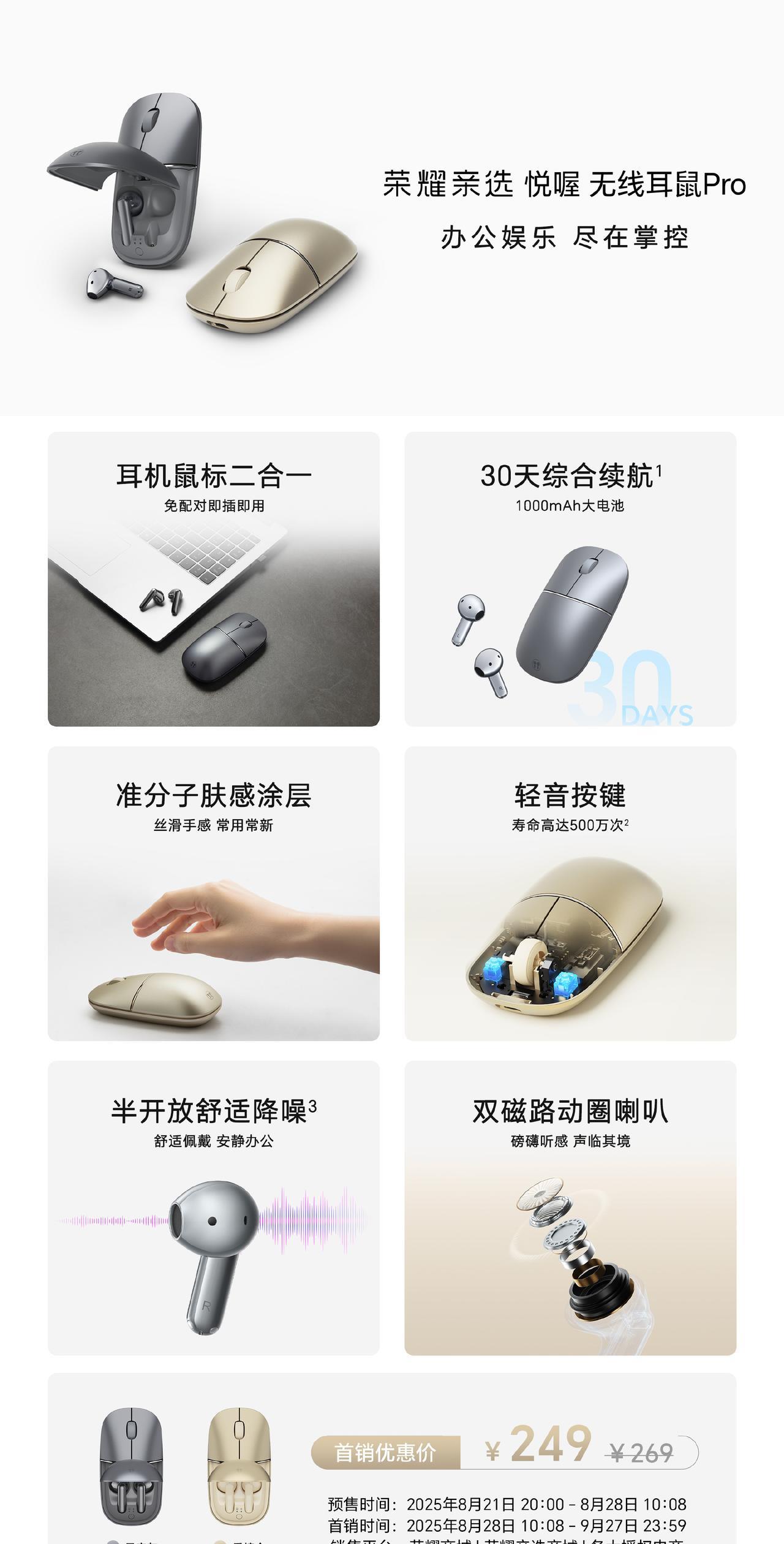 荣耀亲选悦喔无线耳鼠Pro，行业内首款将鼠标与耳机做到一起的产品，官方内置100