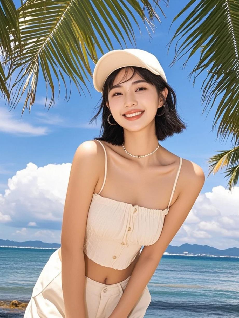 阳光普照，沙滩上的椰子树与美女