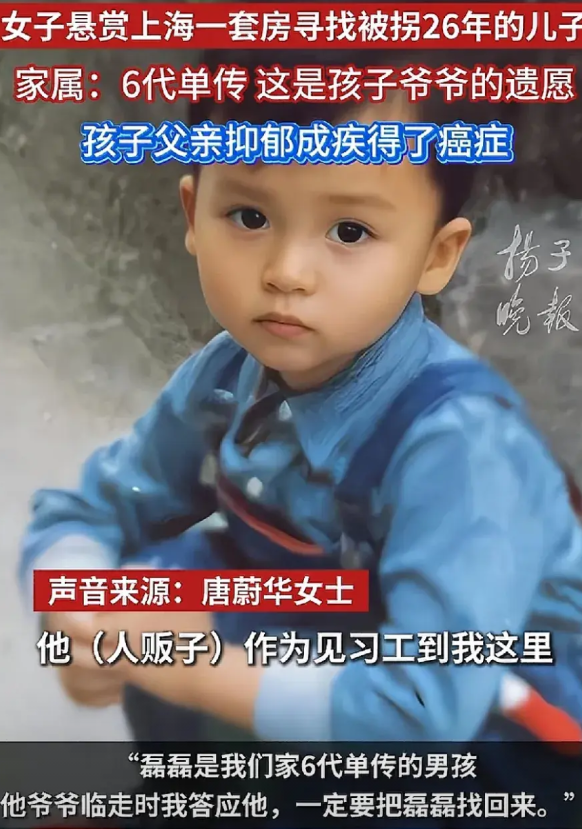 上海，四岁男孩磊磊被拐走长达26年，他乃是家中六代单传的独子。母亲悬赏上海闵行区