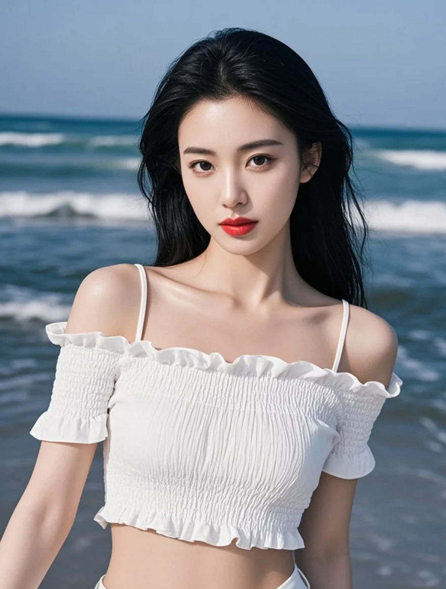 她站在黄昏的海边，美得让人不敢呼吸