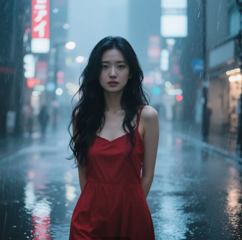 雨丝划过霓虹灯牌，她站在光影交错的城市中央，像一场未完成的梦