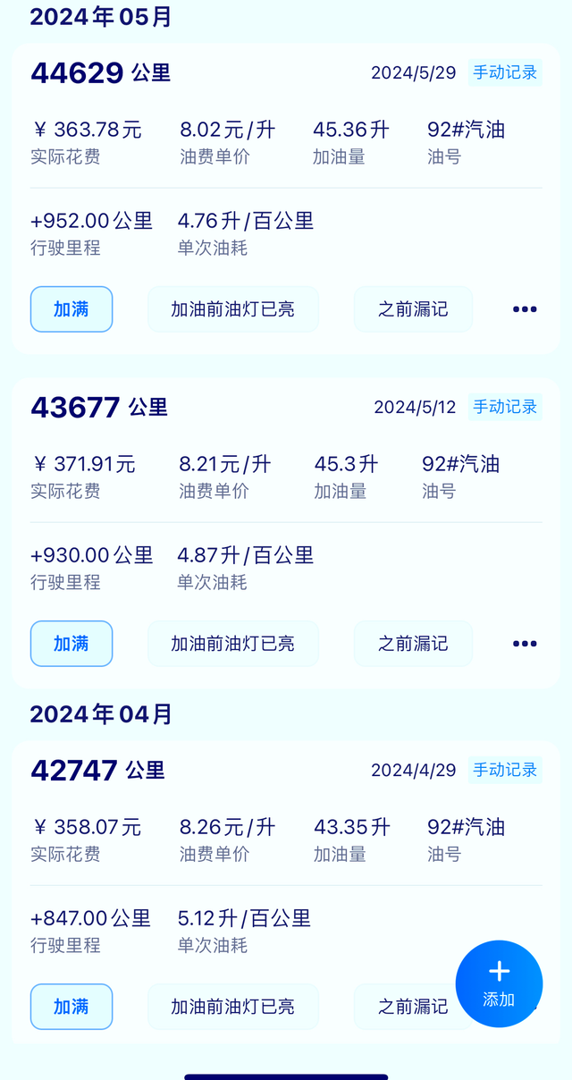 雅阁2022款锐智版真实油耗
各位兄弟，你们是什么水平啊？
附图是手动记录，一箱