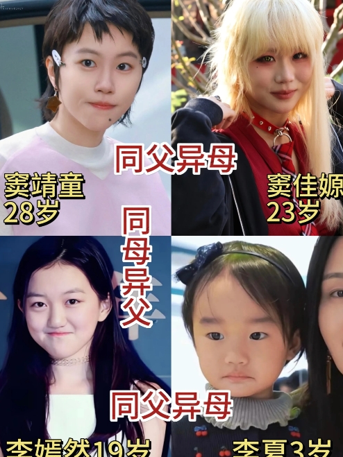 李亚鹏和王菲各自有过两段婚姻，都生下女儿，李嫣姐妹关系复杂。

窦靖童和窦佳嫄：