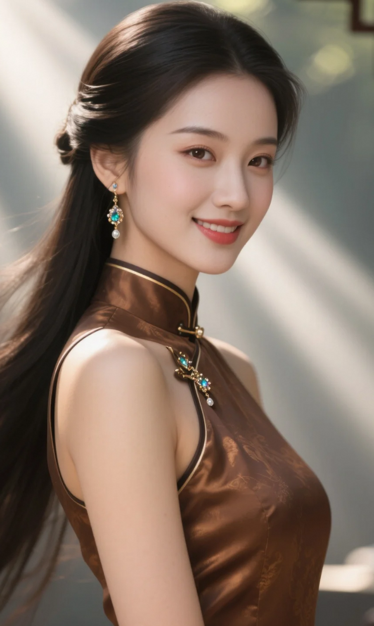 她微笑着，仿佛从老上海的画报里走出