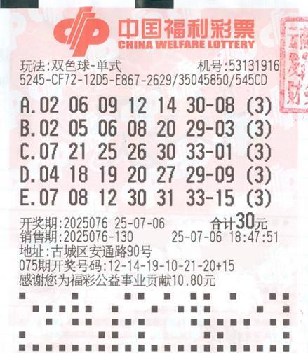【2220万元！丽江一市民中奖】
7月6日，双色球第2025076期开奖。当期全