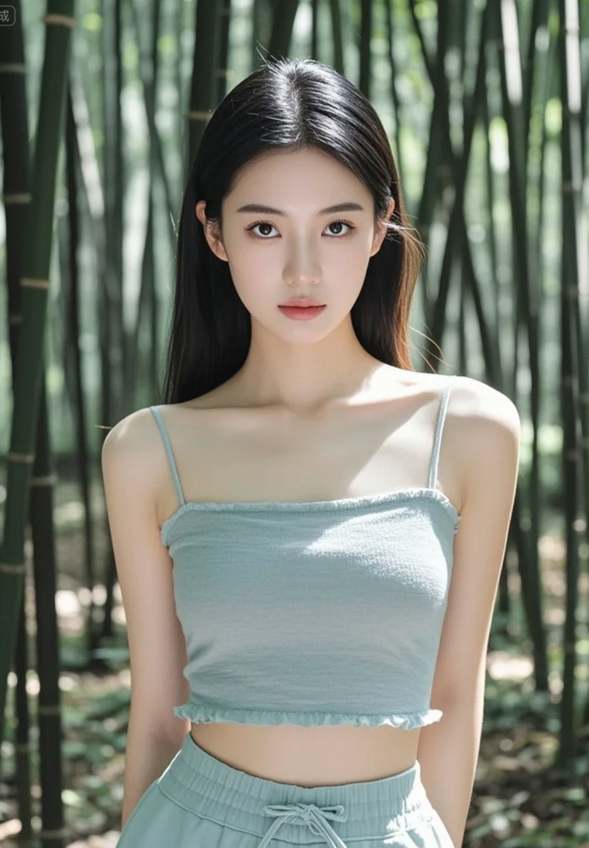 她伸手轻触竹节，指尖流淌着岁月的清寂。