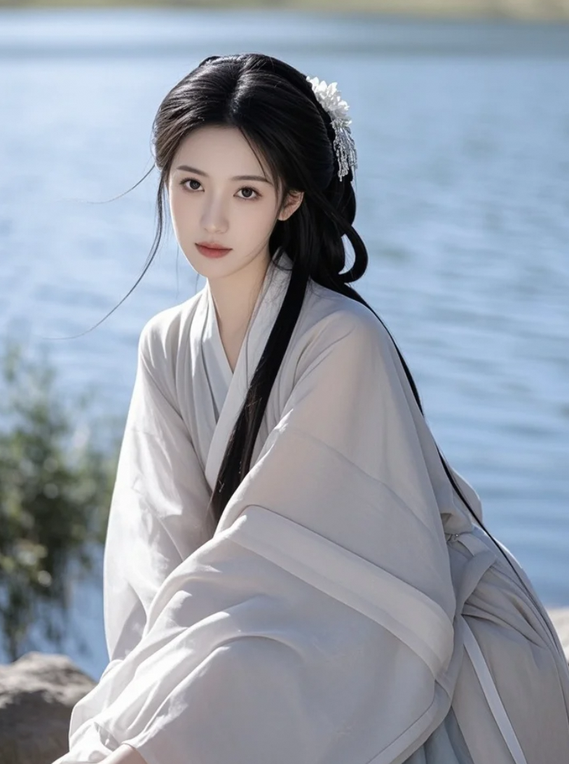 湖边吹风的汉服装女子，美得像仙子下凡