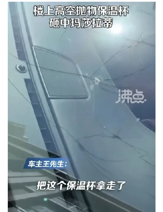 辽宁辽阳，一名男子将玛莎拉蒂车停在路边，没想到从楼上掉下一个保温杯，正正地砸中车