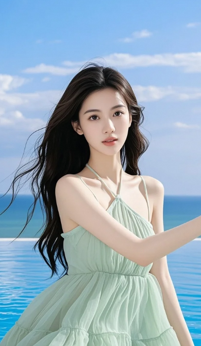 俏皮少女逐海风，浪尖留下银铃笑