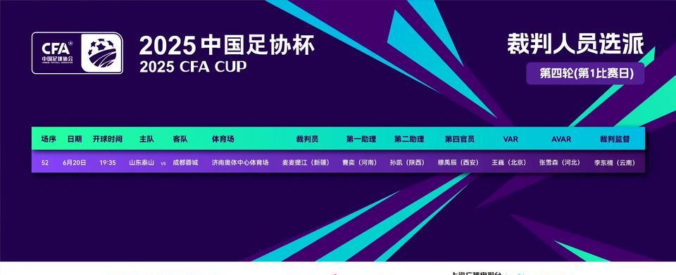 2025中国足协杯第四轮，山东泰山vs成都蓉城的裁判安排名单已公布。
主裁判：麦