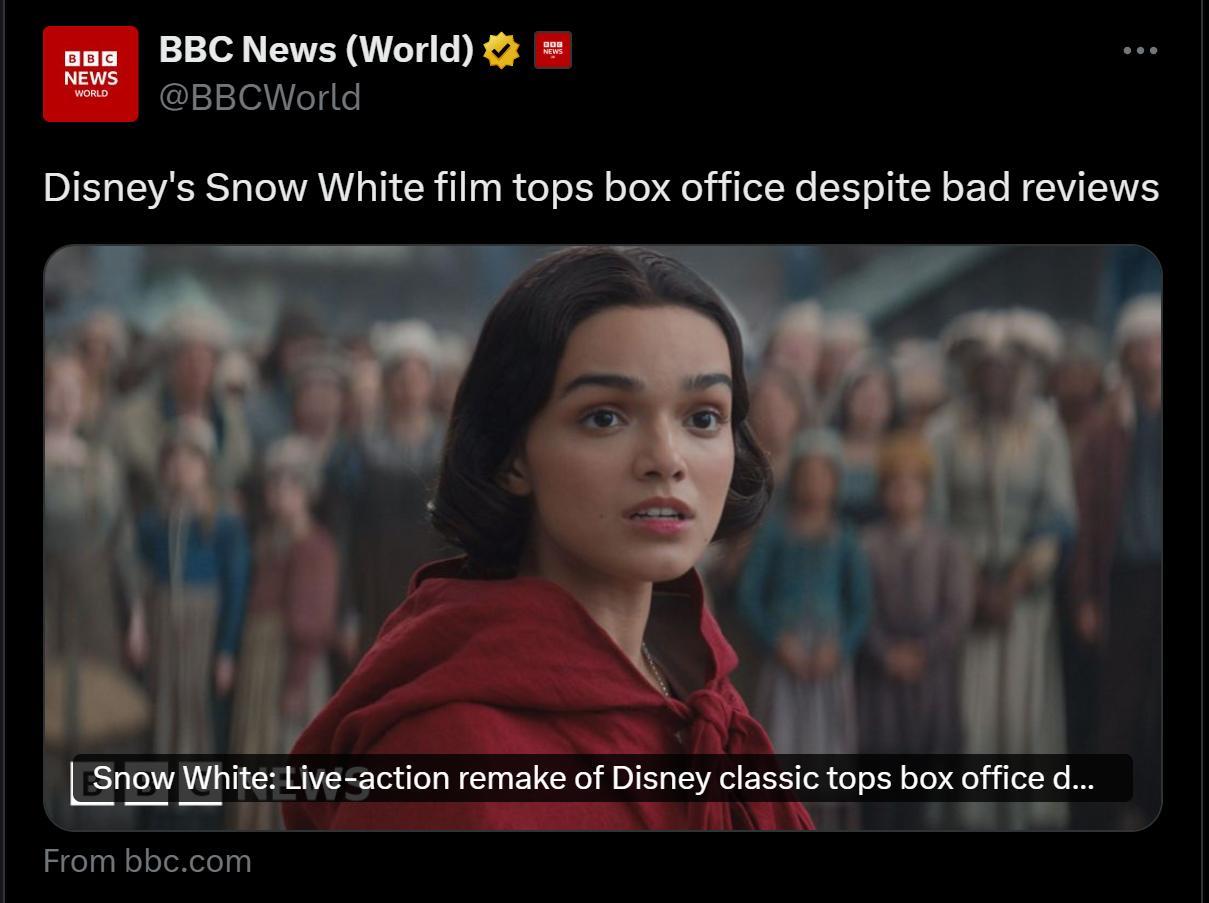新版《白雪公主》电影票房冲上第一！——来自来自英国著名媒体的实话。
该文章表示，