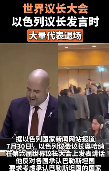 世界联合议长联盟：抵制以色列，支持巴勒斯坦建国。
7月30日日内瓦世界联合议长联