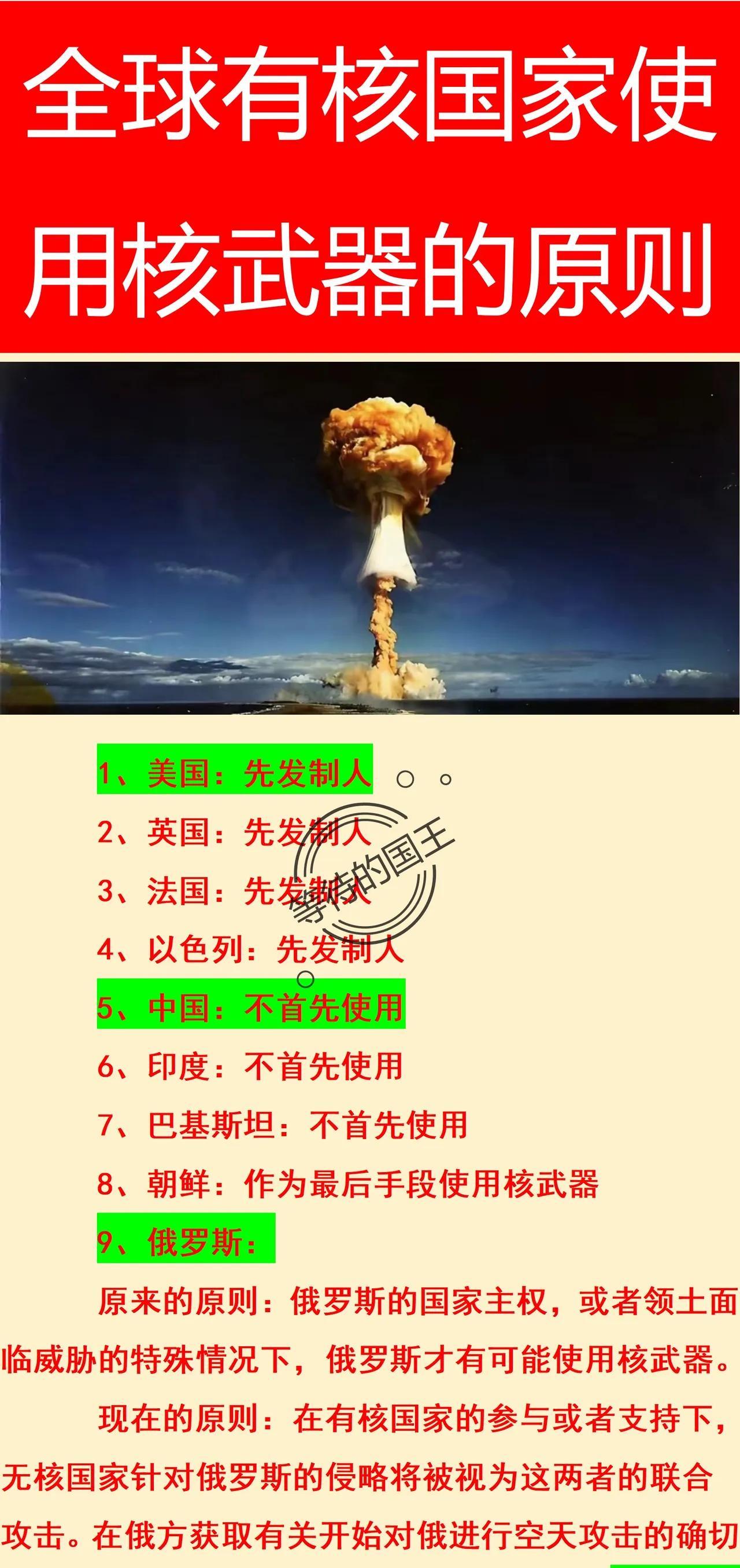 有核国家使用核武器的原则
美国：先发制人
英国：先发制人
目前，全球一共有9个被