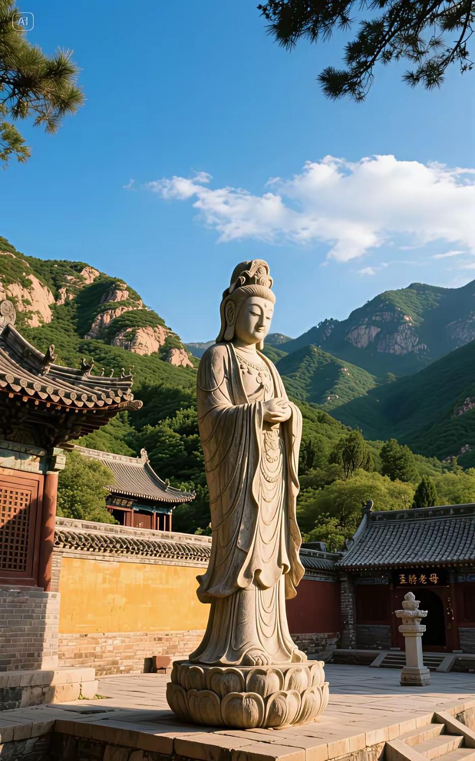 古寺院子里立着尊观音石像，背后是一片墨绿墨绿的青山，古香古色的建筑高低错落。一踏