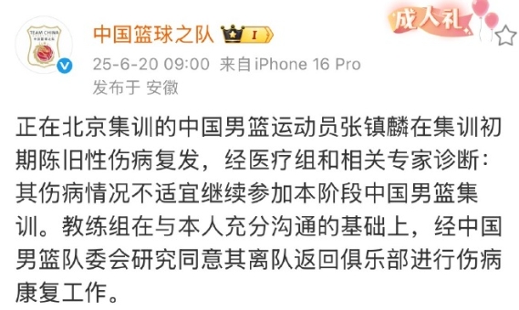 中国篮球之队官宣，张镇麟旧伤复发，退出本阶段的国家队集训。