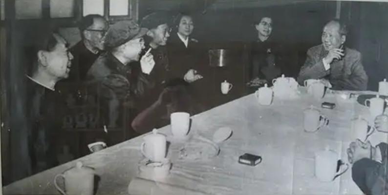 毛主席夫妇，林彪夫妇，还有周总理，康生，关锋等。他们在一起笑得很开心，其乐融融。