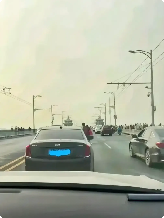 武汉早上阴雨天，途径武汉长江大桥的途中，突然，前边车辆猛的一刹车，吓得后面跟车纷