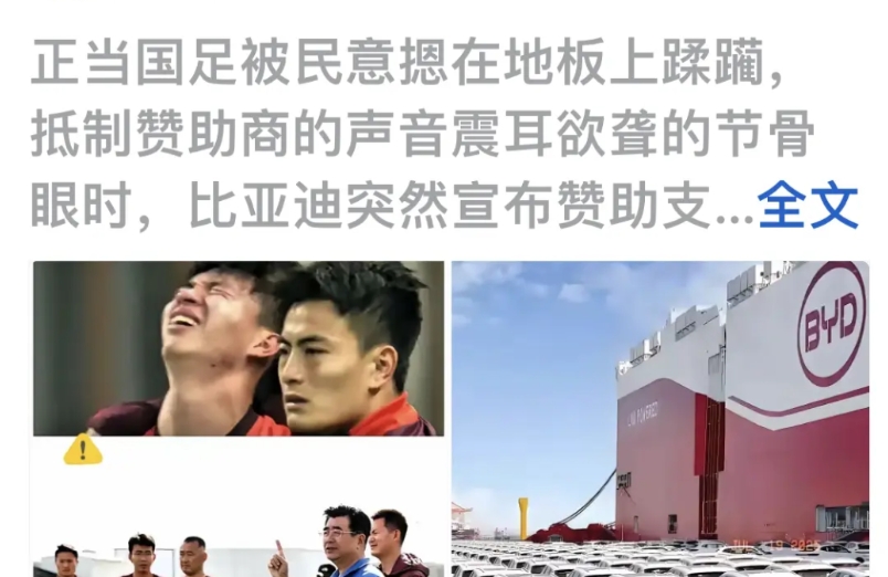 新闻消息，比亚迪抄底赞助中国足协。比亚迪做的对，因为足协再烂都不会破产，所以商业