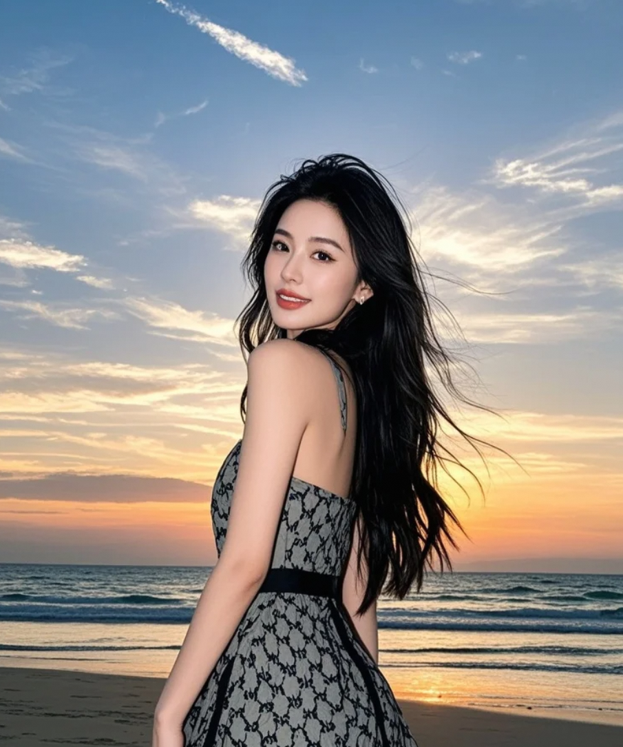 发丝在海风中自由舒展，如同她的灵魂