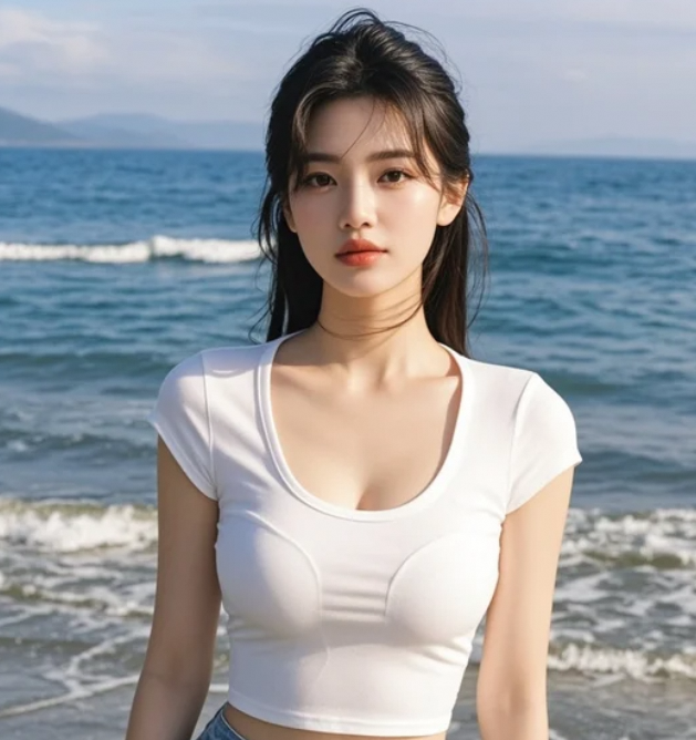 她赤脚踩在浪花里，脚印藏着自由的浪漫