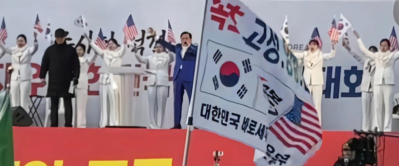 无法理解！大韩民国大选期间有人把美国国旗和韩国国旗合在一起变成一面旗的行为。
我