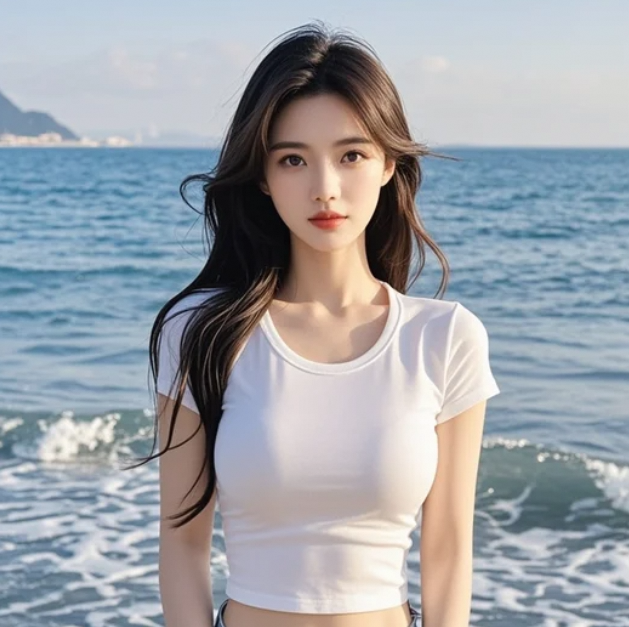 海浪轻拍岸边，她站在风景里微笑