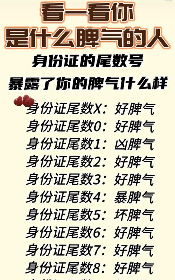 看一看你是什么脾气的人。
身份证的尾数号暴露了你的脾气什么样。
·身份证尾数X：