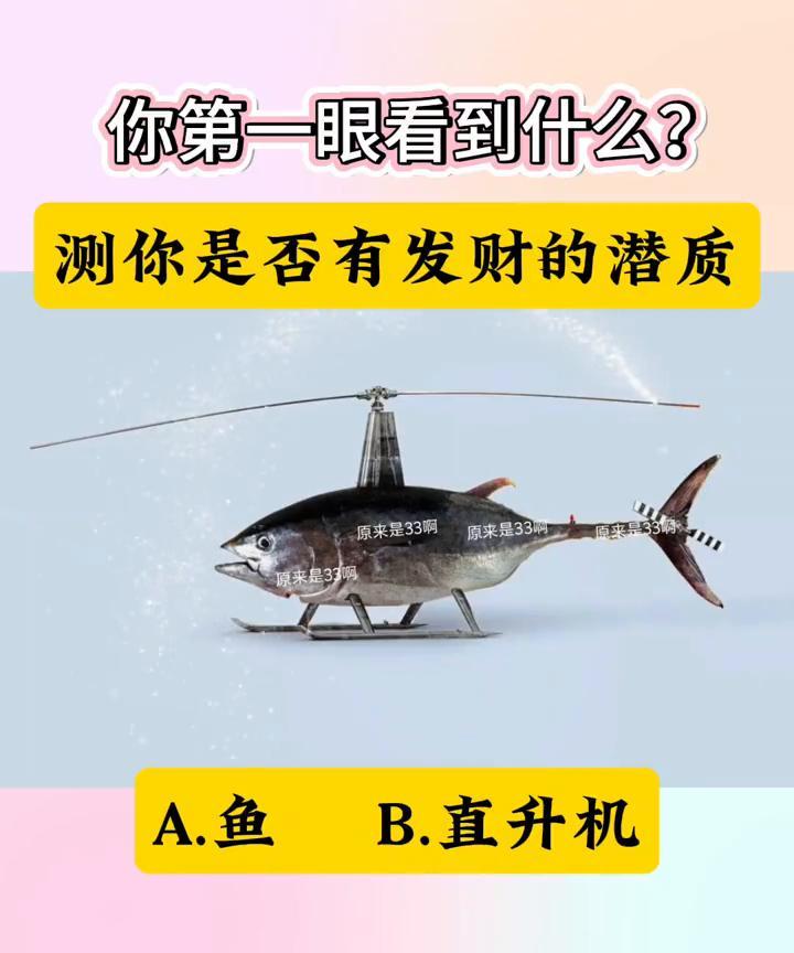你第一眼看到什么？测你是否有发财的潜质。
A.鱼。B.直升机。