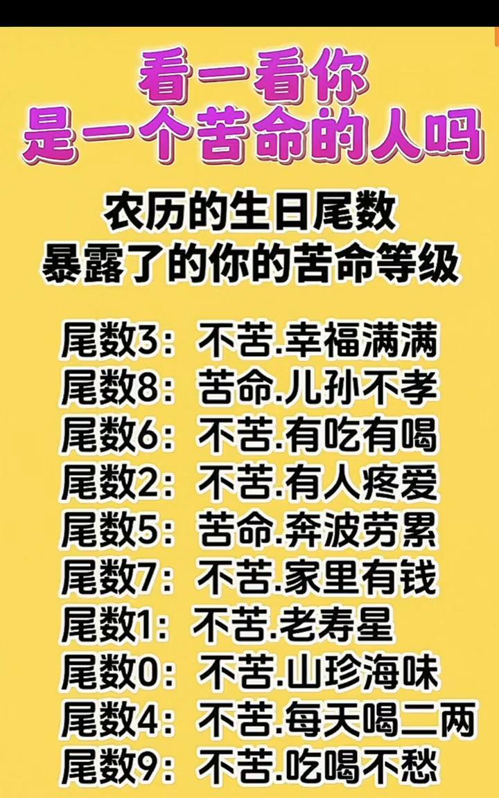 看一看你是一个苦命的人吗？
农历的生日尾数暴露了你的苦命等级。
·尾数1：不苦，