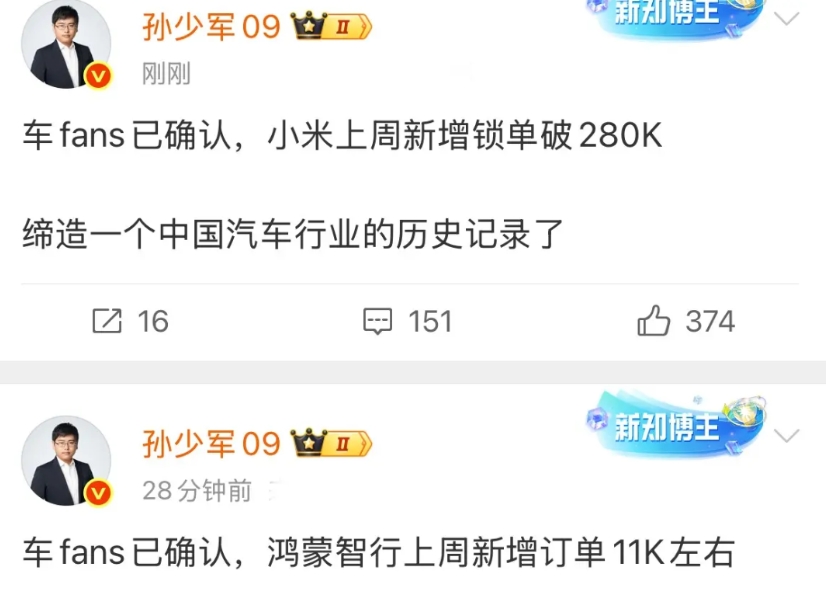 来自少军的上周订单周报来了。
最大的亮点就是：小米的锁单量逆天的高达280k，可