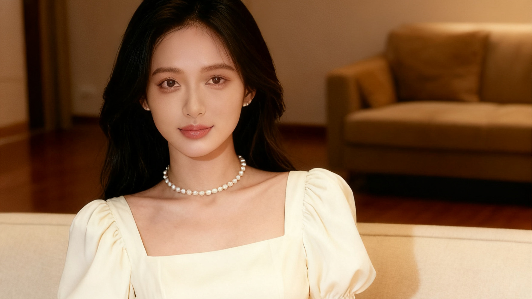 设计具有法式风情的米白色长款连衣裙，简约大气，清纯动人。