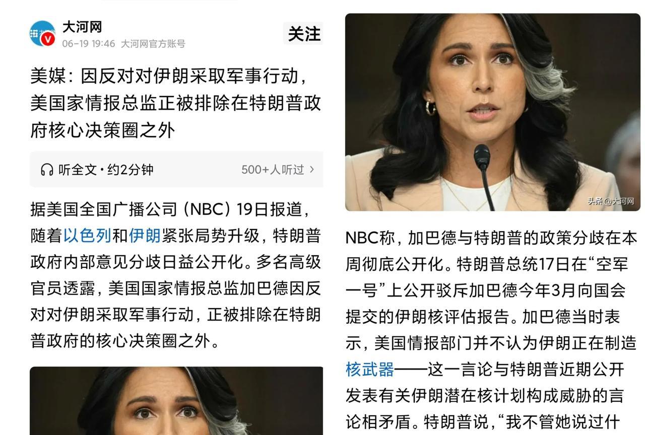 因反对对伊朗行动，美国情 报总监被排除！
这姐们我看过她竞选辩论，人间清醒！和那