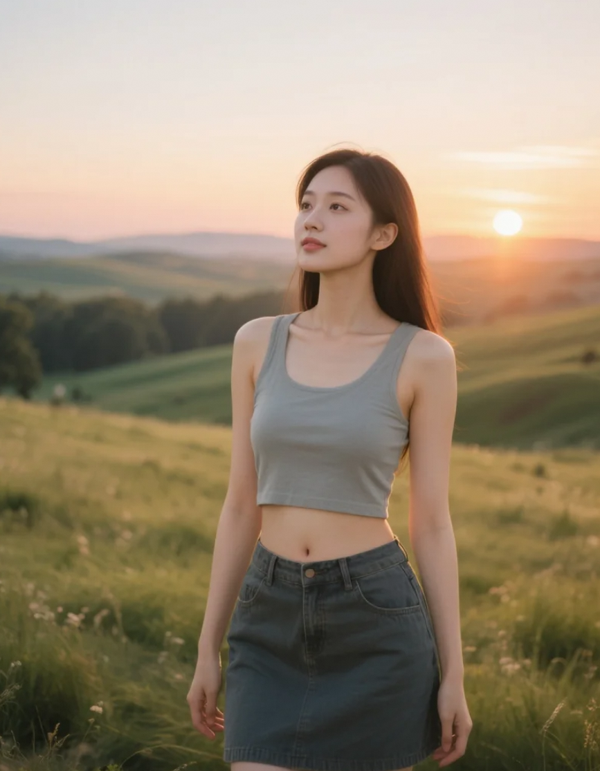 看日出的亚洲美女，在晨曦中感受生命之美