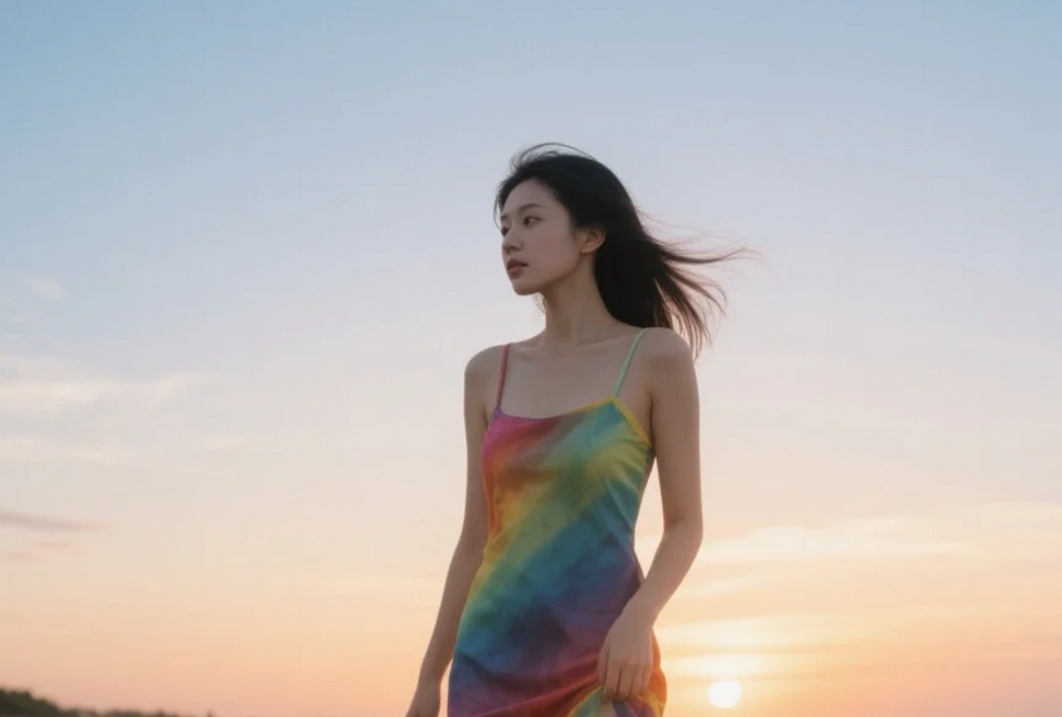 海风吹过，带走了所有的忧伤，只剩下我和这条美丽的连衣裙。