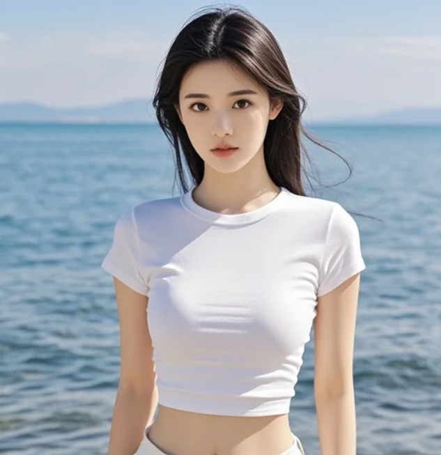 海天一色映衬下的她，宛如一幅天然画卷