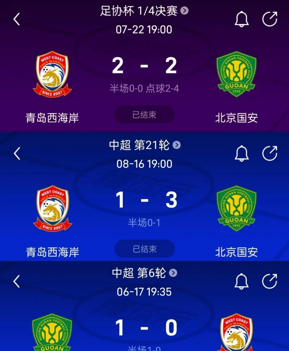 国安三杀西海岸，邵佳一对国安是真爱，联赛送6分，足协杯保送国安进四强。
本赛季，