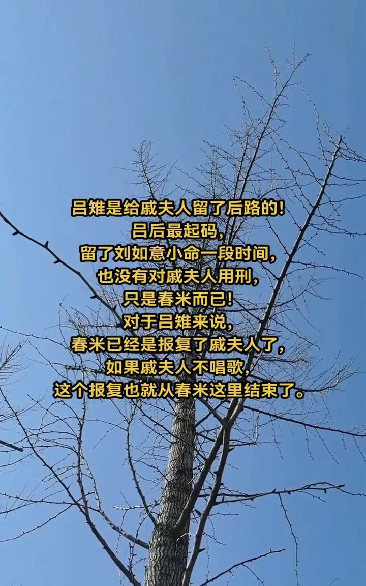 吕雉是给戚夫人留了后路的。吕后最起码留了刘如意小命一段时间，也没有对戚夫人用刑，