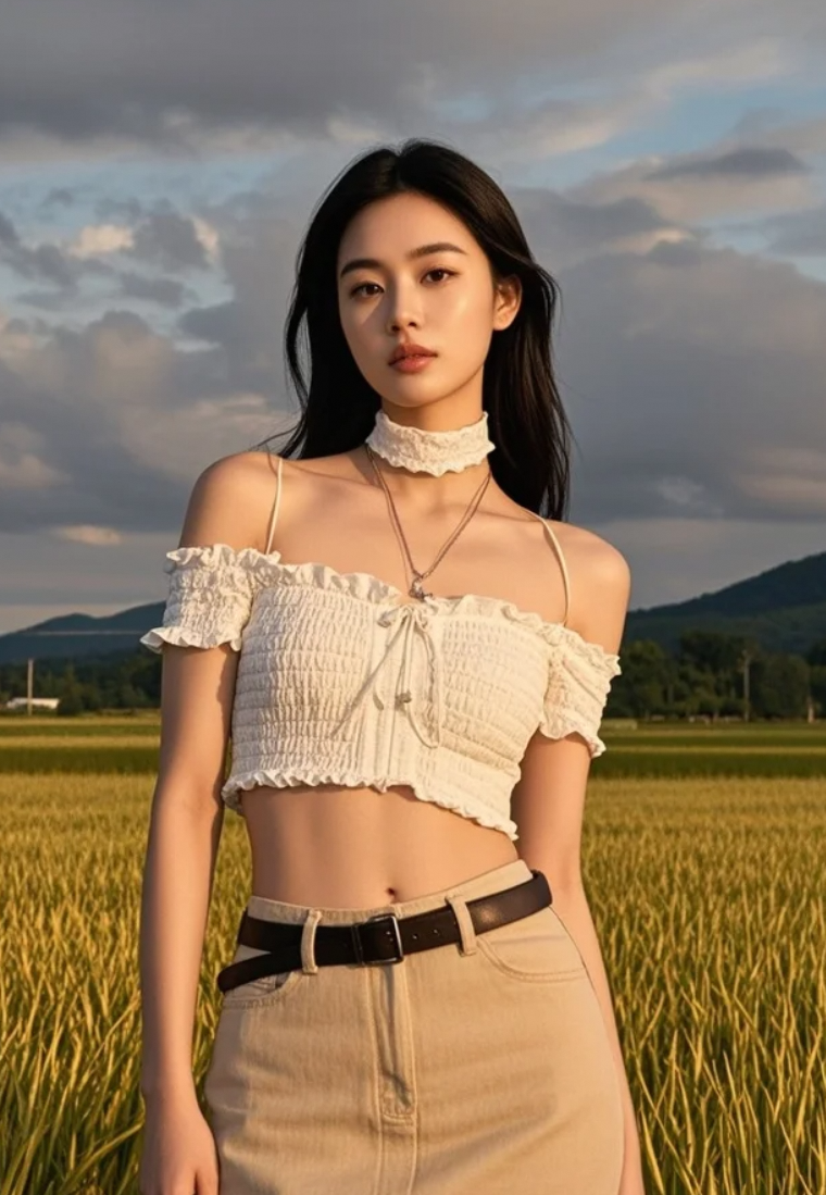 她走过之处，稻穗低首，仿佛在向美行礼。